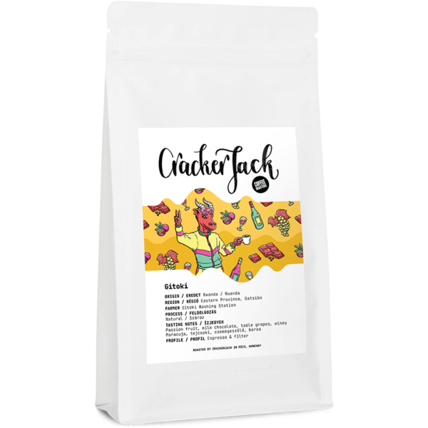 Ruanda Gitoki specialty szemes kávé fehér műanyag zacskóban, színes címkével